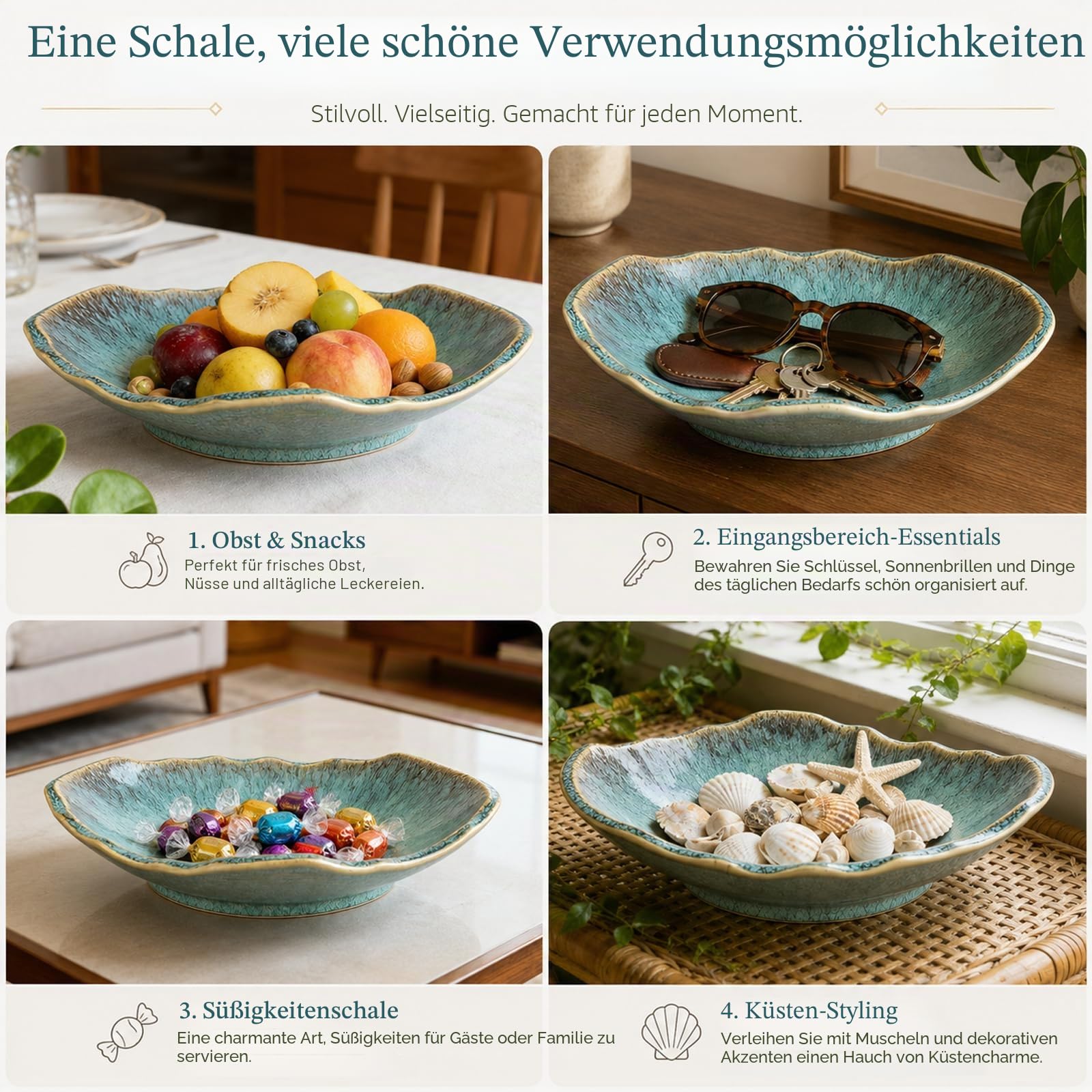 Grüne dekorative Keramikschale – 30,5 cm Obstschale, Süßigkeitenschale, Schlüsselschale für Eingangstisch, Schmuckschale, Ringschale, Schmucktablett, Porzellan-Sammelschale für Küche, Nachttisch