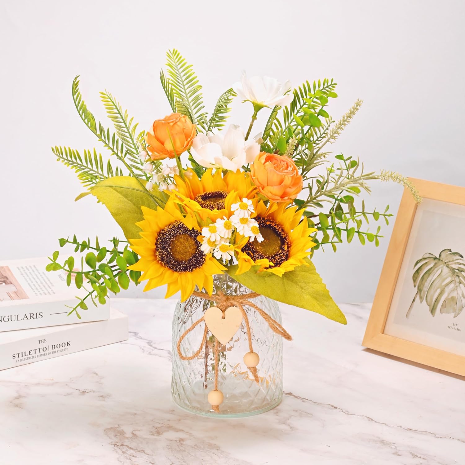 LUEUR Artificial Faux Flowers in Vase for Home,Silk Sunflower Bouquet Fake Flowers with Pot Silk Sunflower Arrangement with Vase Suitable for Fall, Spring Decor Office Decoration Table Cenerpiece