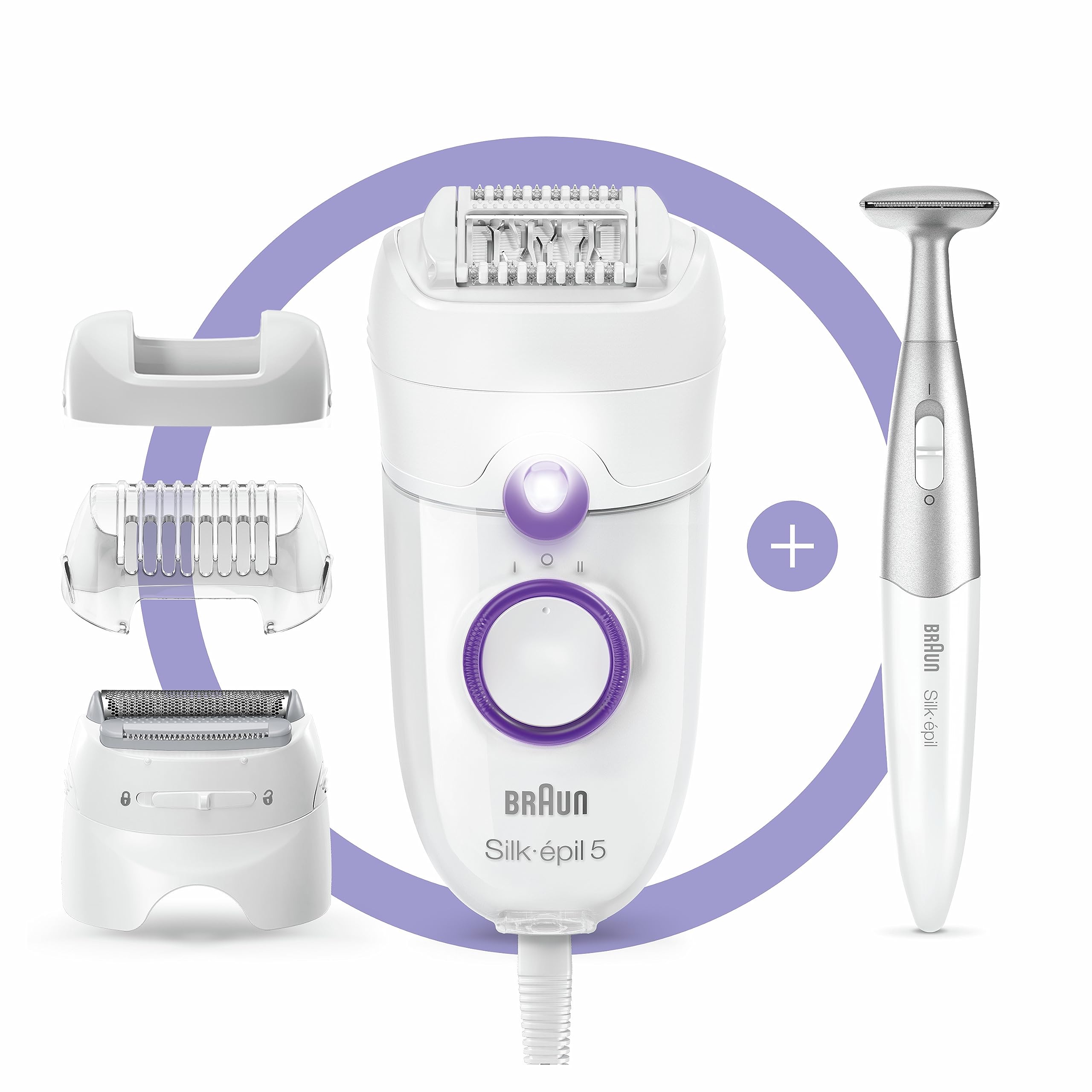 Braun Silk-épil 5-825 Power, elektrischer Epilierer für Damen, sanfte Haarentfernung, ununterbrochene Energie mit Kabel, Raserkopf und Trimmkappe, Bikinizone, Weiß/Violett