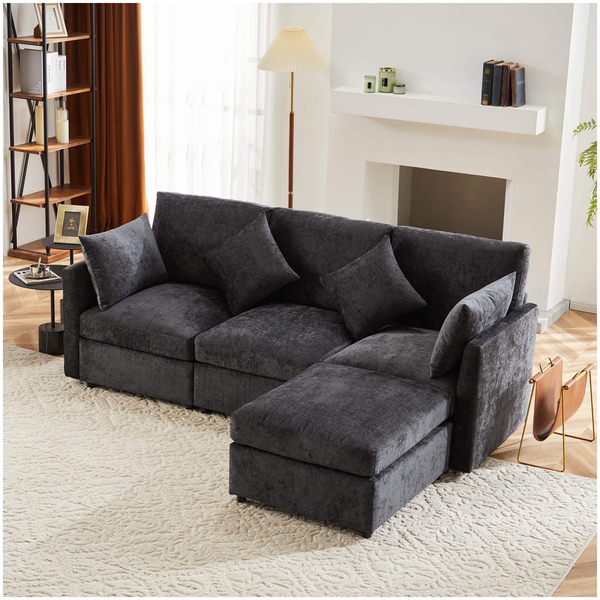 Sofá moderno modular de tela de felpilla, sofá cama de 3 plazas, de 4 plazas, sofá esquinero en forma de L con reposapiés, sofás con chaise longue, 216 x 161 x 81 cm (gris)