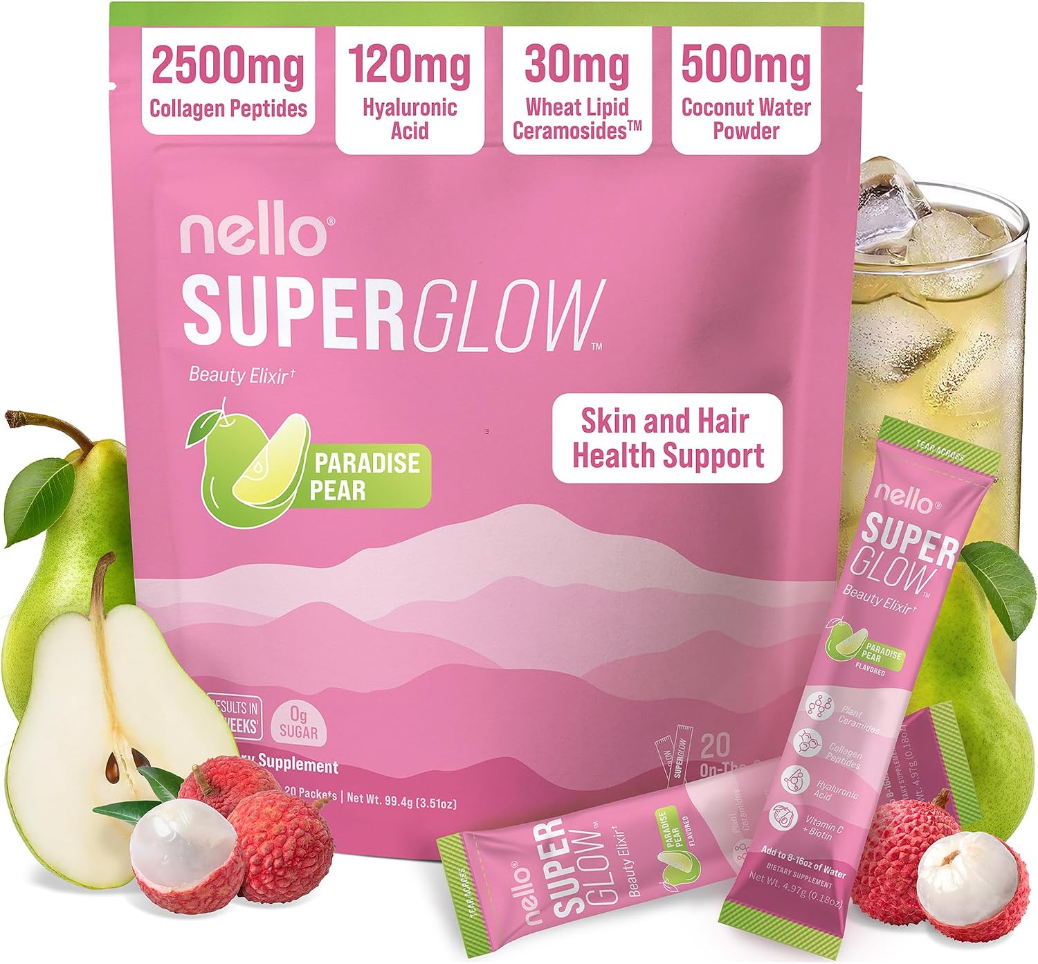 Nello Superglow Powdered Drink Mix, Skin Hydration, Glow & Hair Support, Collagen Peptides, Hyaluronic Acid, Ceramosides, Biotin & Vitamin C, 20 Stick Packs (Paradise Pear)
