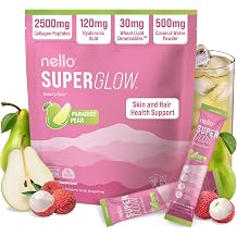 Nello Superglow Powdered Drink Mix, Skin Hydration, Glow & Hair Support, Collagen Peptides, Hyaluronic Acid, Ceramosides, Biotin & Vitamin C, 20 Stick Packs Paradise Pear