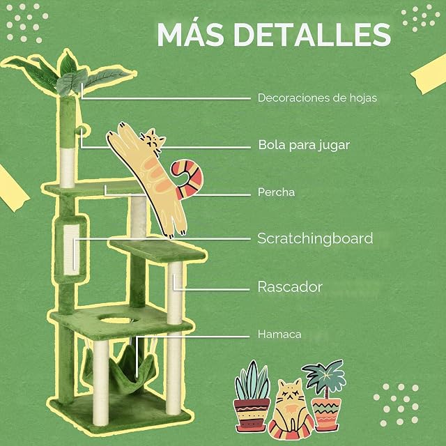 Foto 6 de 8 de PawHut Árbol Rascador para Gatos Grandes de 142 cm Torre para Gatos de Interior con Postes de Sisal…