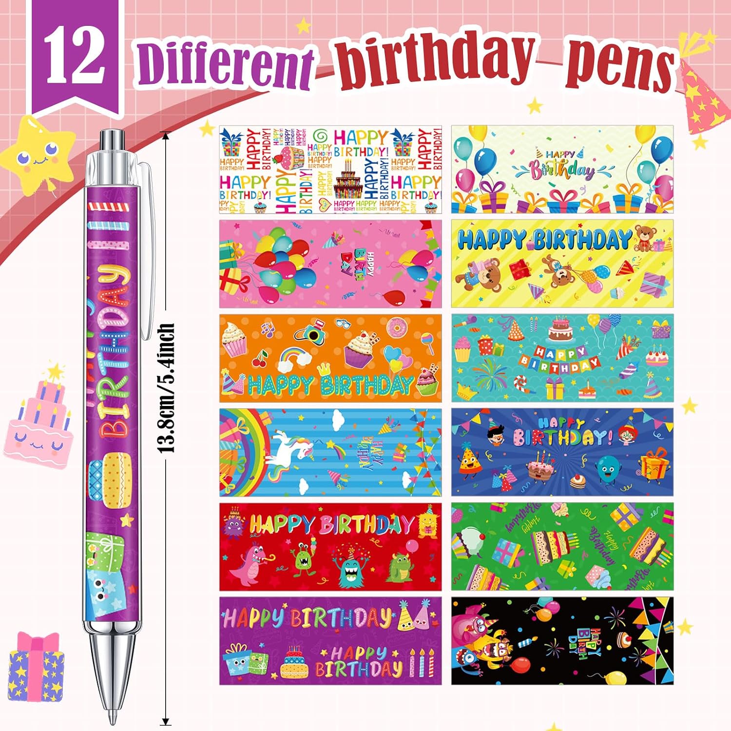 Cholemy 48 Pieces Happy Birthday Pens Bulk Happy Birthday Ballpoint Pens Colorful Cake Balloon Black Ink Gift for Party Supplies