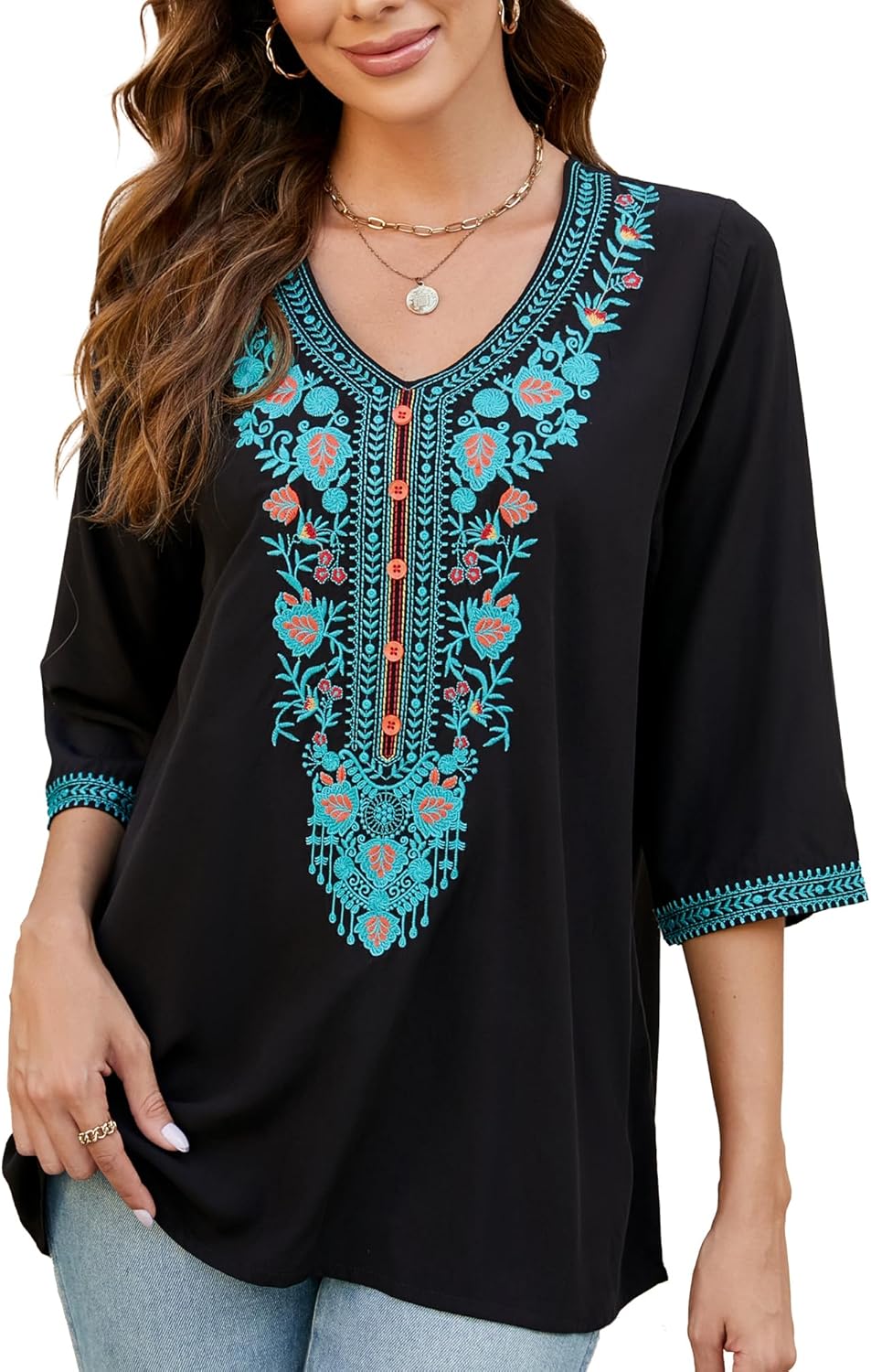 Traditional Mexican Embroidered Peasant Tops for Women, Plus Size Vintage Floral Tunic Shirts, Flowers Embroidery Blouses - Image 2