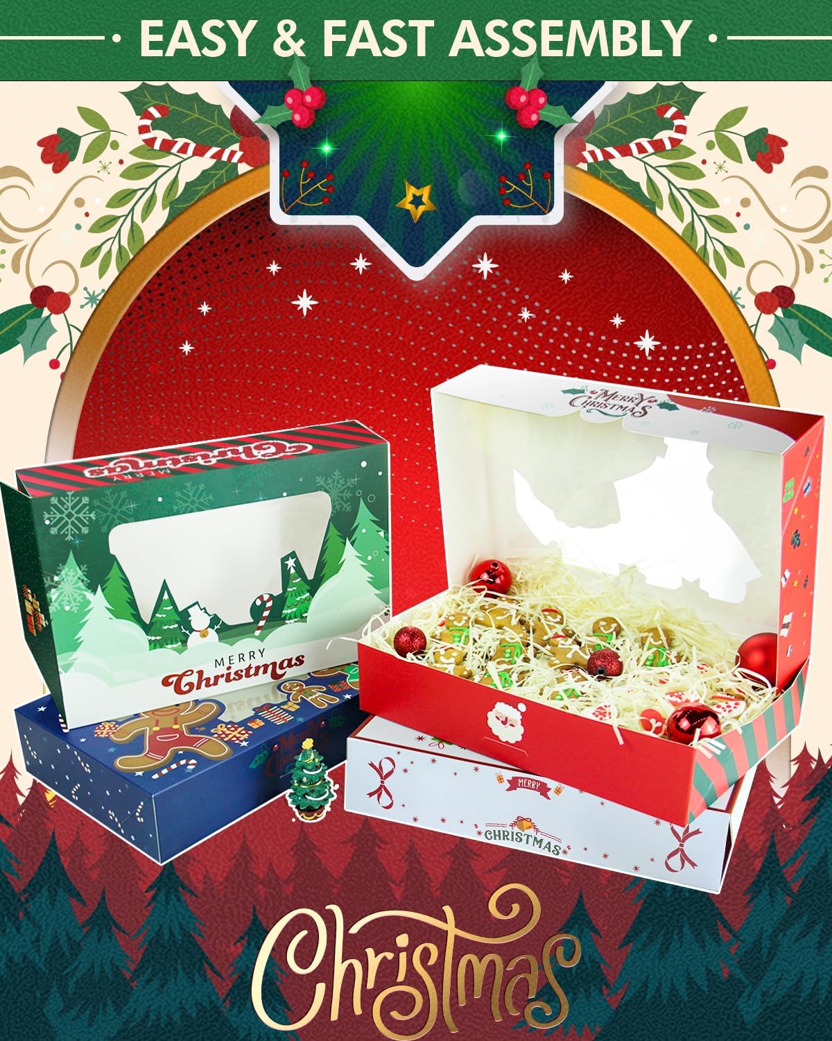 qiqee Scatola per biscotti di Natale con finestra, 30,5 x 20,3 x 6,3 cm, 12 confezioni Auto-pop up Due usi Un secondo pieghevole per pasticceria biscotto scatola da forno per imballaggio