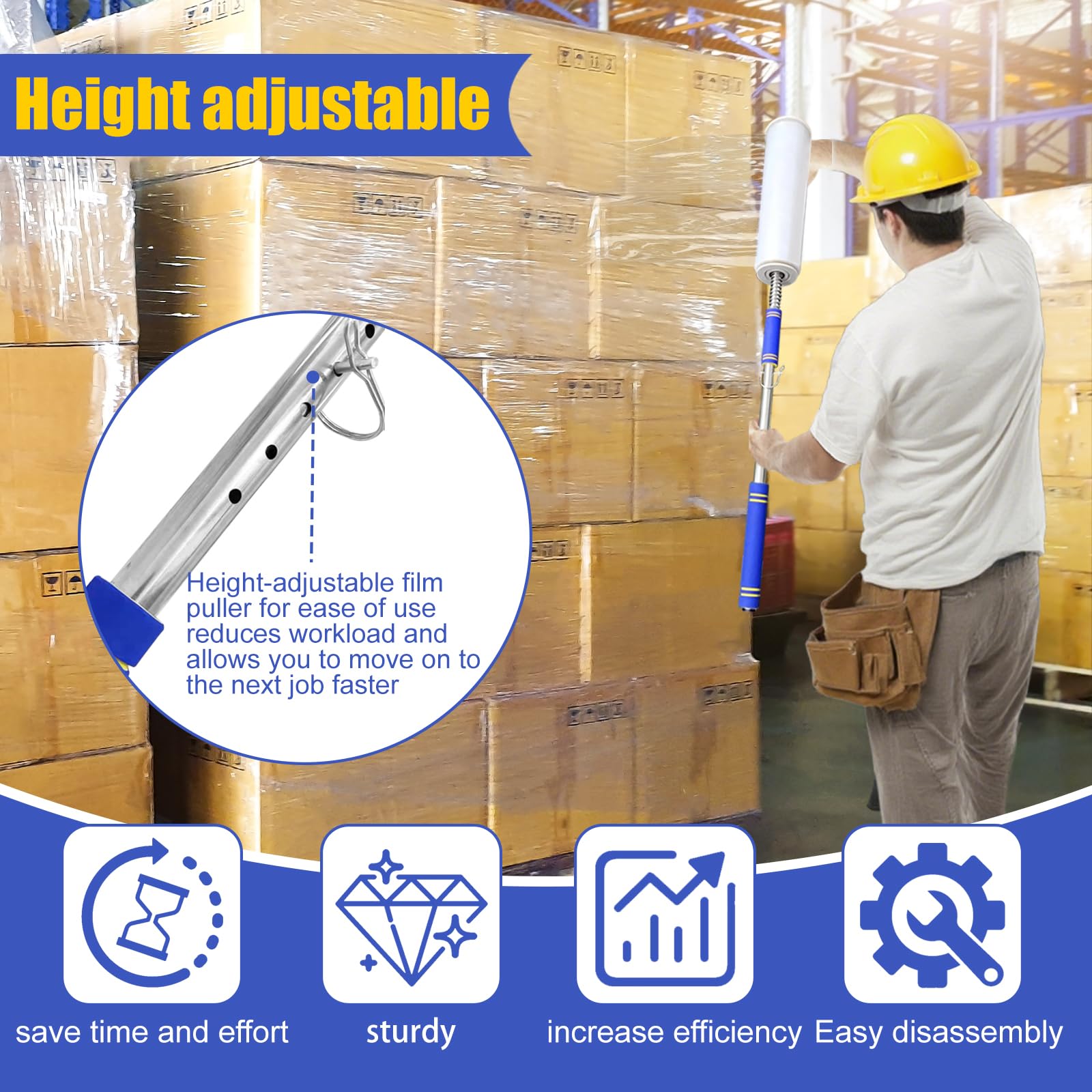 Dispenser estensibile per pallet con manico lungo, macchina imballatrice per film estensibile, supporto per asta per dispenser di film di larghezza 30-50 cm, rotoli da 3,8 cm a 7,6 cm di diametro