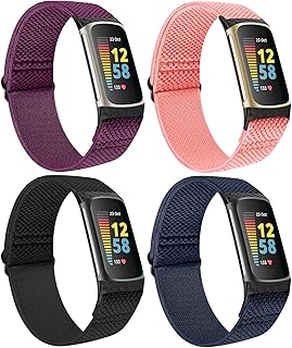 Huamanlou Elastic Nylon Bands Compatible with Fitbit Charge 5 Bands for Women Men, Soft Loop Adjustable Sport Bracelet Strap Replacement Wristbands for Fitbit Charge 5 Advanced Fitness Tracker, 4 Pack