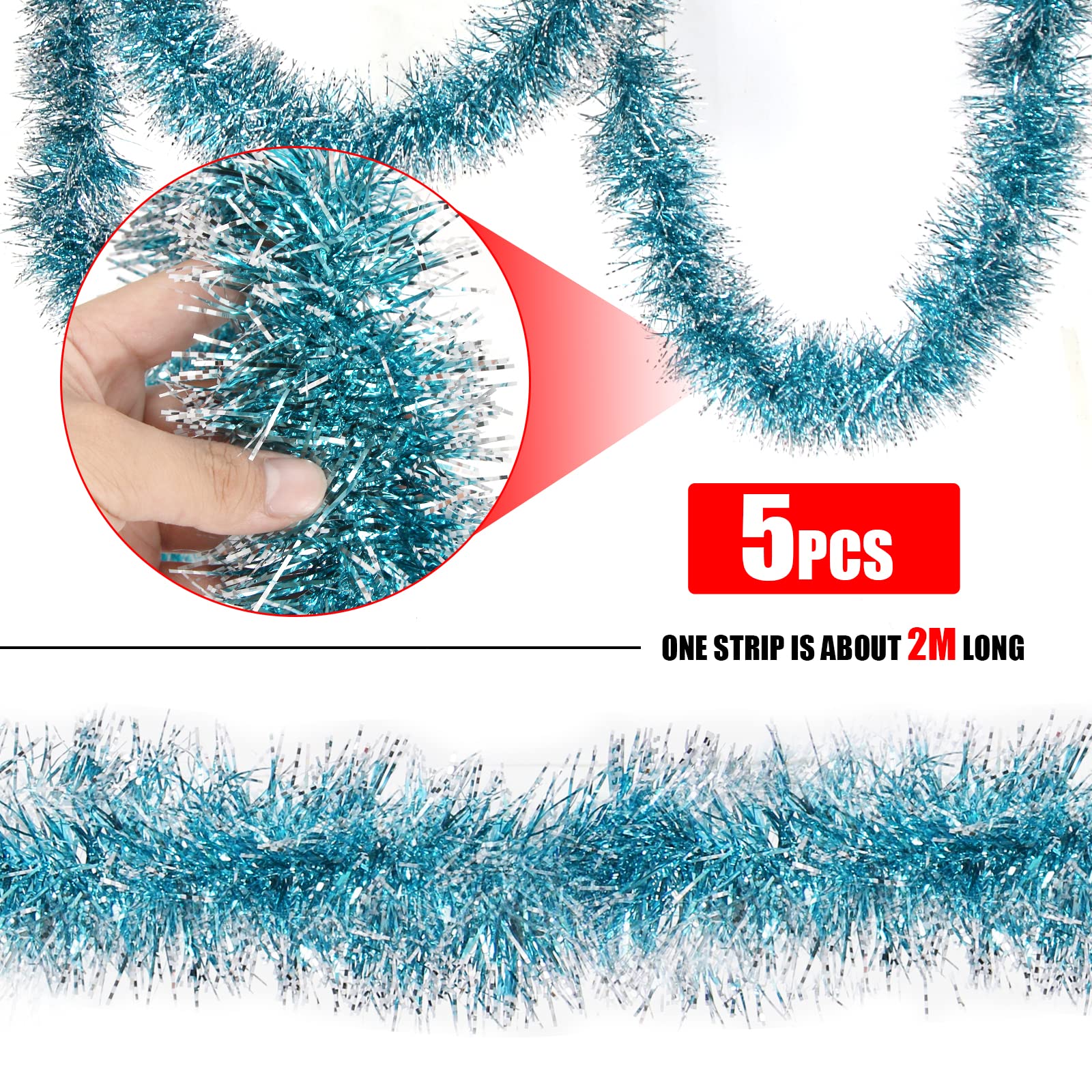 Aurasky Guirnalda Navidad Azul Claro y Turquesa - Espumillón 10m, Brillante Metálica para Árbol - Oropel Decoración