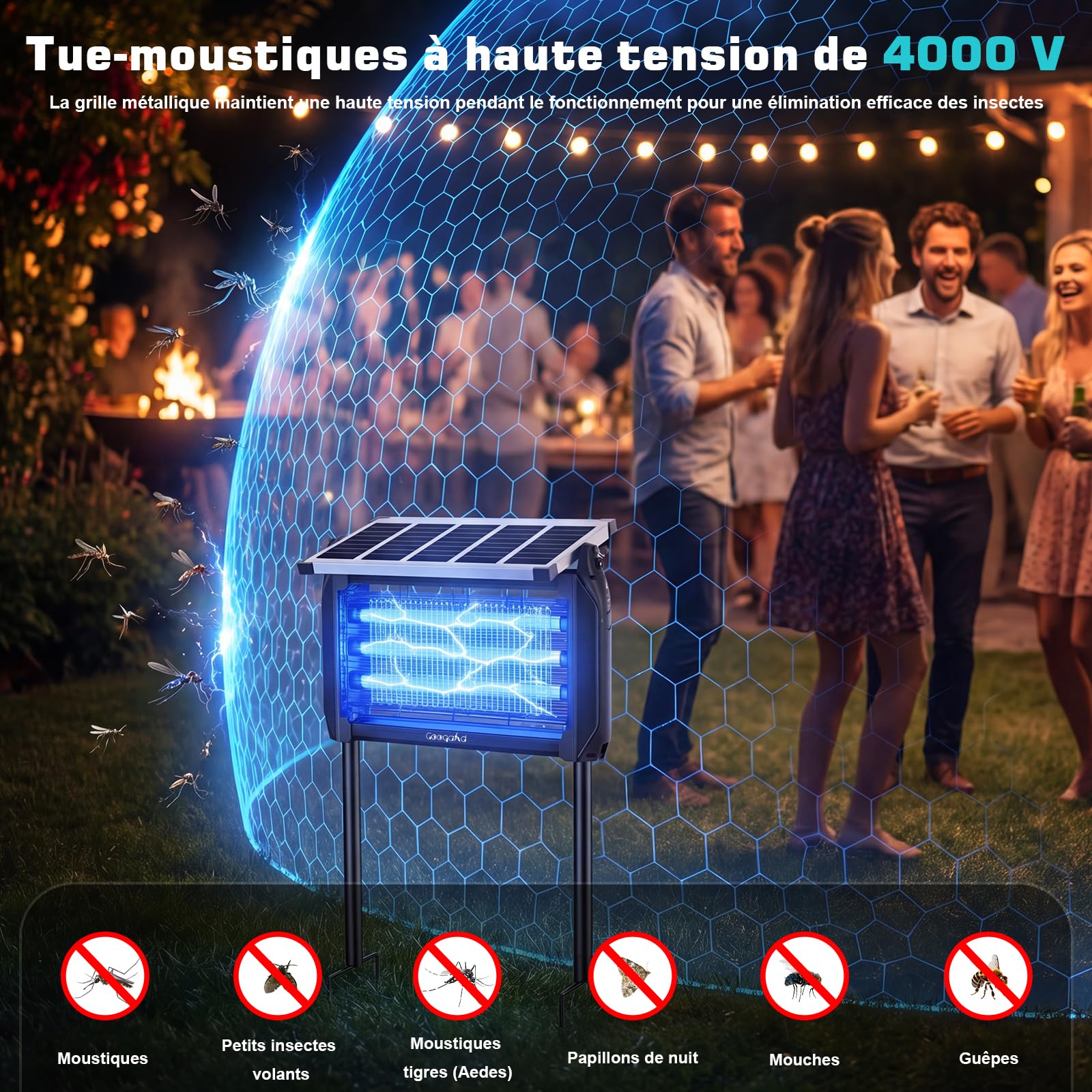 Lampada Antizanzare Elettrica Solare,Zanzariera Elettrica da Esterno 4000V, Ricarica Solare e USB,UV 10W, IPX5 Anti Mosche Elettrico Impermeabile, Ideale per Patio, Giardino e Campeggio