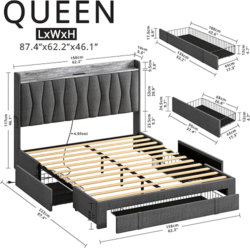 Miniatura 2 de ANCTOR Base de cama tamaño Queen con cabecera de almacenamiento y estación de carga, cama de plataforma tapizada con 3 cajones, no necesita somier,