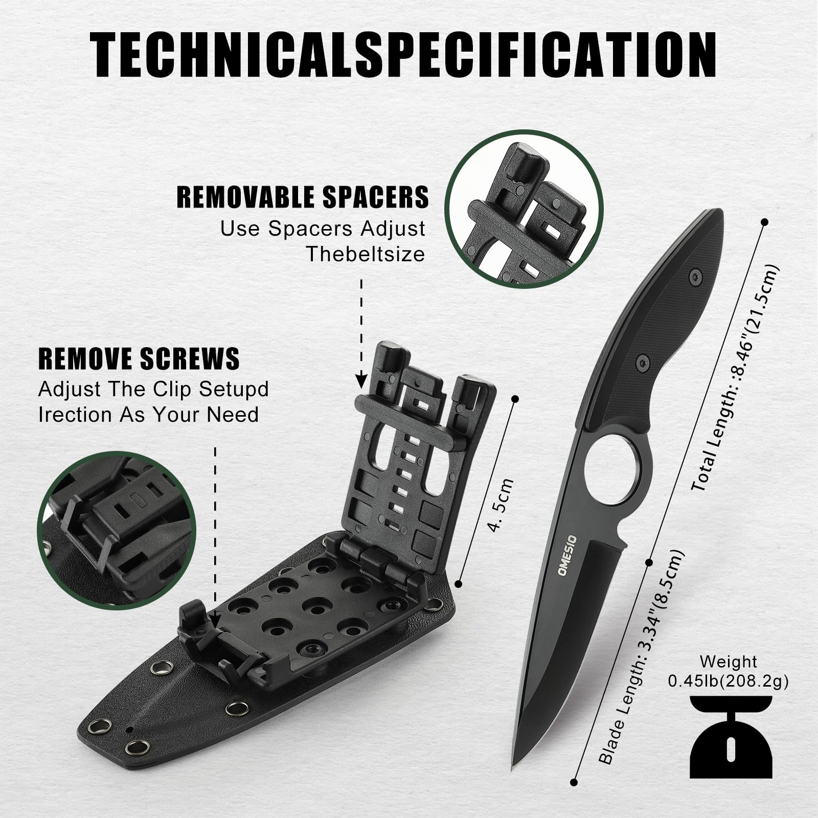 Omesio Grand couteau d'extérieur Excellente qualité 5CR13MoV acier full Tang - Lame de couteau fixe 8,5 cm - Grand de ceinture avec manche ergonomique G10 - Etui Kydex et clip inclus(Noir)