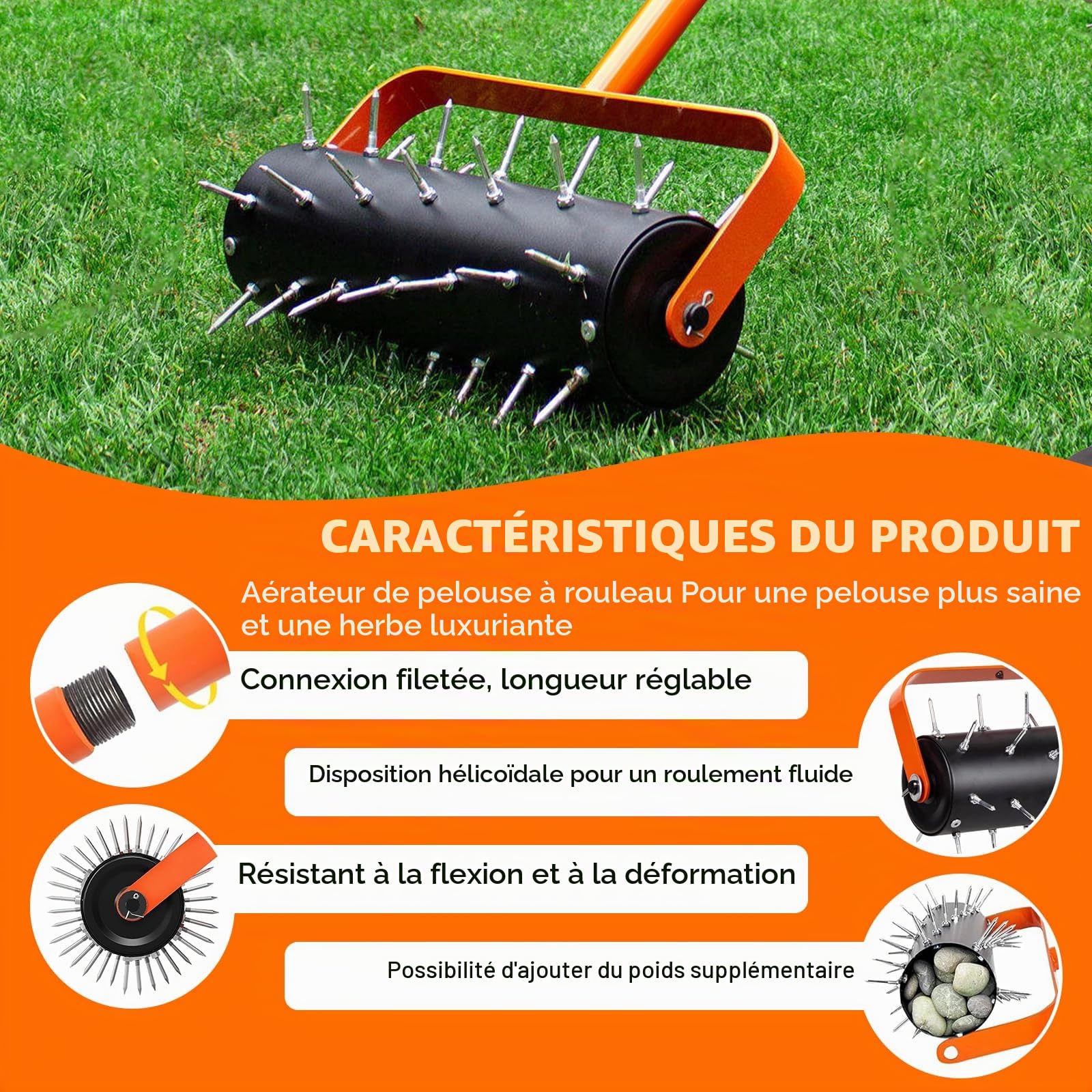LIROPAU Rouleau Aérateur Gazon, Scarificateur Gazon Manuel, avec 42 Clous de 5 cm et Protection Anti-éclaboussures, Rouleau Aérateur Gazon de Pelouse en Métal pour Pelouse, Jardin, Cour, 120 x 40 cm