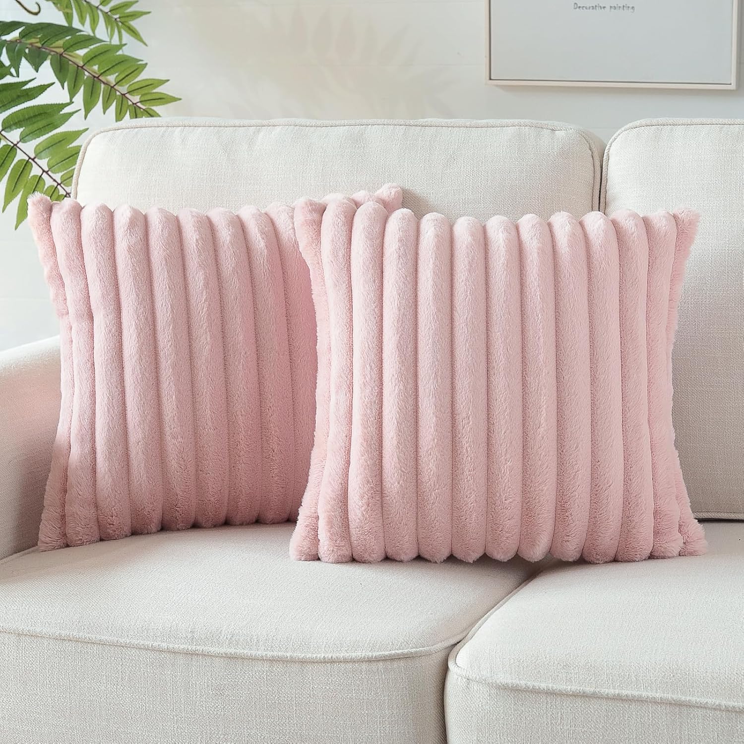 Soleebee Set of 2 Throw Pillow Covers Soft Cozy Velvet Pillowcase Faux Rabbit Fur Cover for Couch Sofa Bed Chair Home Decorative Pillows Cover (24x24 Inch, Blush Pink)