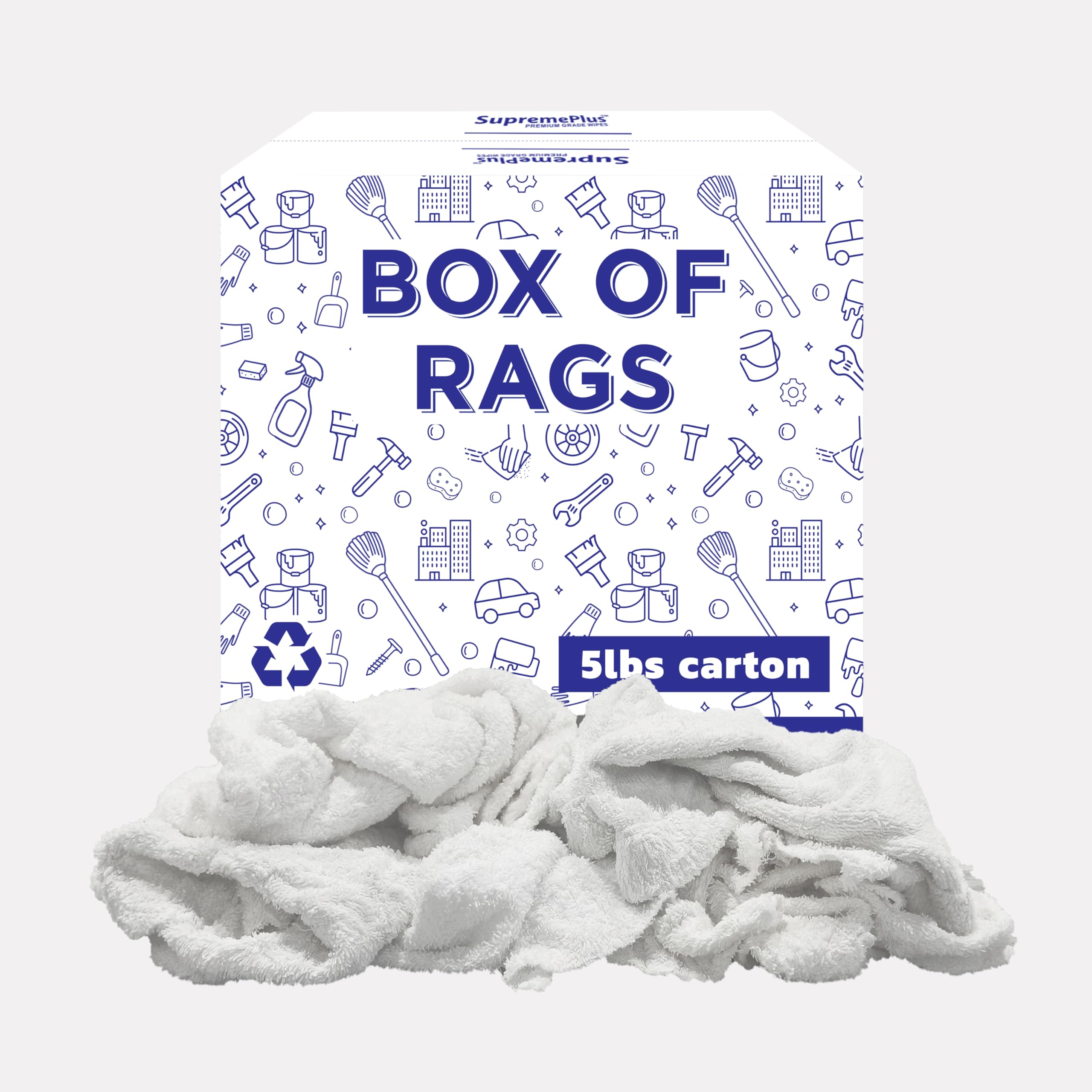 SupremePlus Recycled White Terry Cloth Rags - High Absorbent Terry Towel Cleaning Rags for Cleaning House, Industrial & Workshops, Bulk Shop Rag (5 lbs. Box)