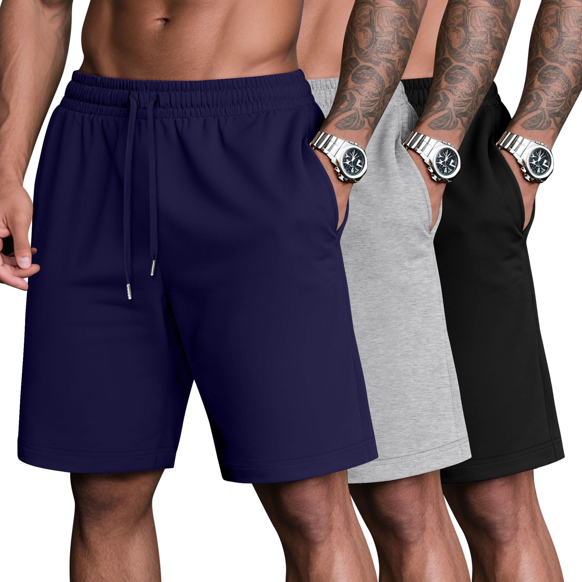 Evervibe 3 Pack Men Casual Shorts Plus Size Summer Shorts Drawstring Bermuda Athletic Elastic Waist Lightweight Shorts