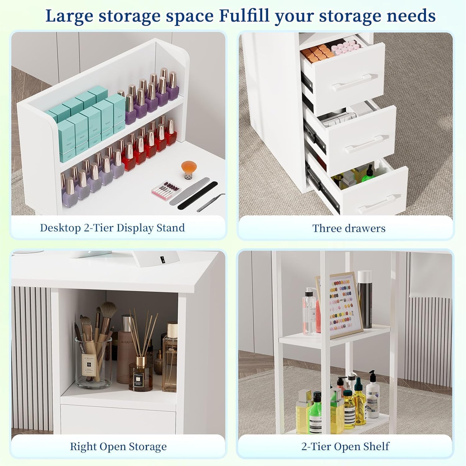 Nail Desk for Nail Tech – Manicure Table with Electric Dust Collector, 3 Drawers, 2-Tier Cabinets & 3-Tier Shelves, White Nail Station for Salon or Home Use