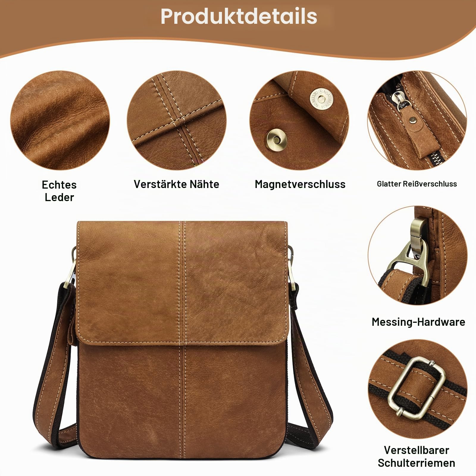 BAIGIO Umhangetasche Herren Leder Schultertasche Herrentasche fur Arbeit Reise Alltagsleben (Brown)