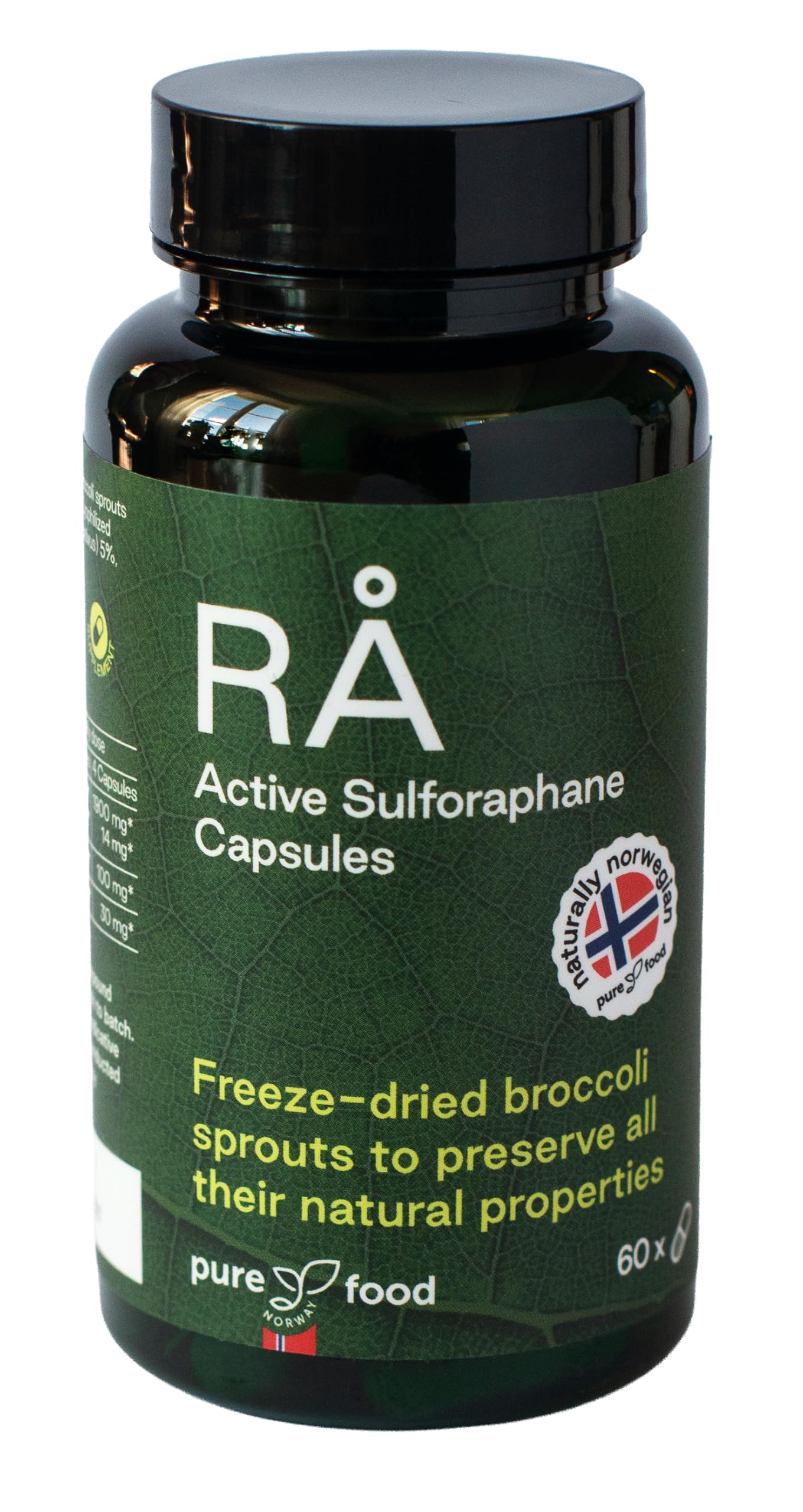 RÅ Aktive Sulforaphan Kapseln aus Norwegen- 28500 mg Gefriergetrocknete Brokkolisprossen - Kein Extrakt - Aktive Vollspektrum Brokkoli Kapseln, 60 Kapseln - Pure Food Norway