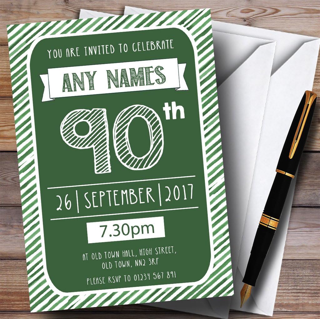 Green & White Stripy Deco 90th Personalized Birthday Party Invitations