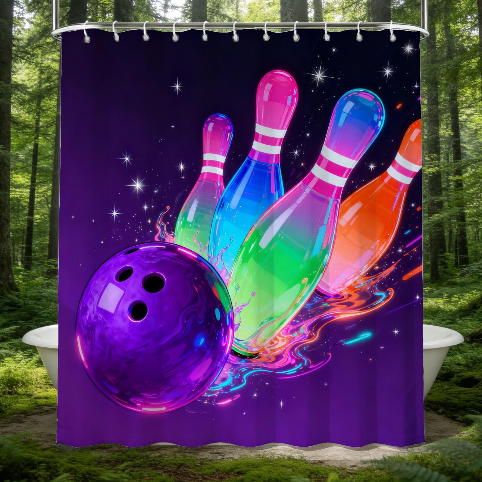 Hongduo 3D Neon Bowling Shower Curtain for Stalls Bathtubs Cool Bathroom Decor Shower Curtain Set Polyester Fabric Waterproof 180x180cm/71X71 Inch with Hooks