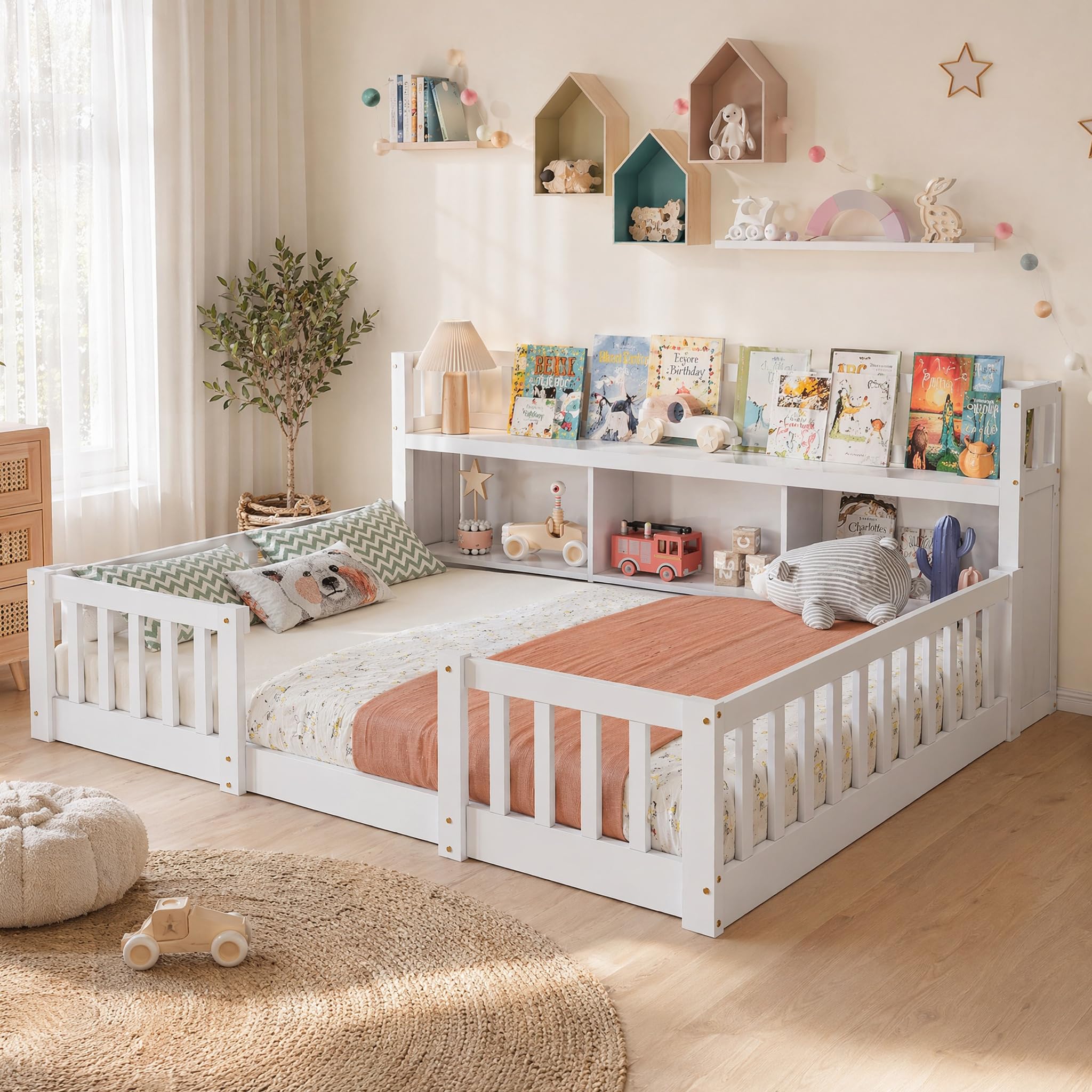 DADEA Cama Infantil De Suelo 140 X 200 Cm Con Protección Anticaída Y Somier, Cama De Día Montessori Con Compartimento De Almacenamiento, Sofá Cama Infantil Con Estante Abierto