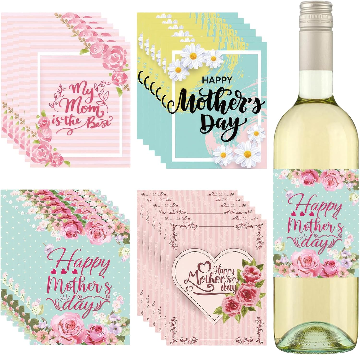 24 Pcs Happy Mother's Day Wine Label Bottle Stickers Champagne Bottle Colorful Rose Flower Design Decorative Stickers for Mom's Birthday Party Supplies Decoration