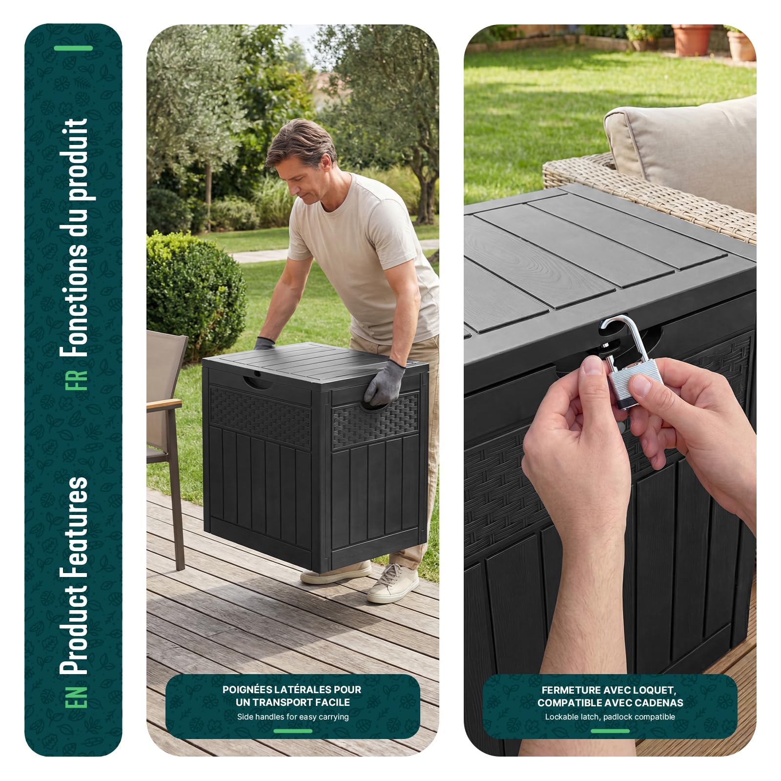 Vounot Coffre de Rangement Extérieur 126L Boîte de Jardin Étanche Anti UV 56x43x53 cm Noir