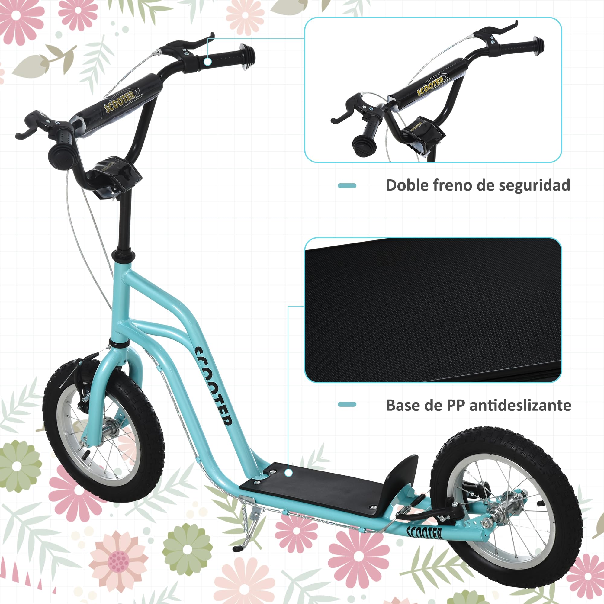 HOMCOM Patinete para Niños Manillar Ajustable 120x58x75-80 cm | +5 Años, Patinete Infantil, Doble Freno, Estructura de Acero, Carga 100 kg, para Adolescentes