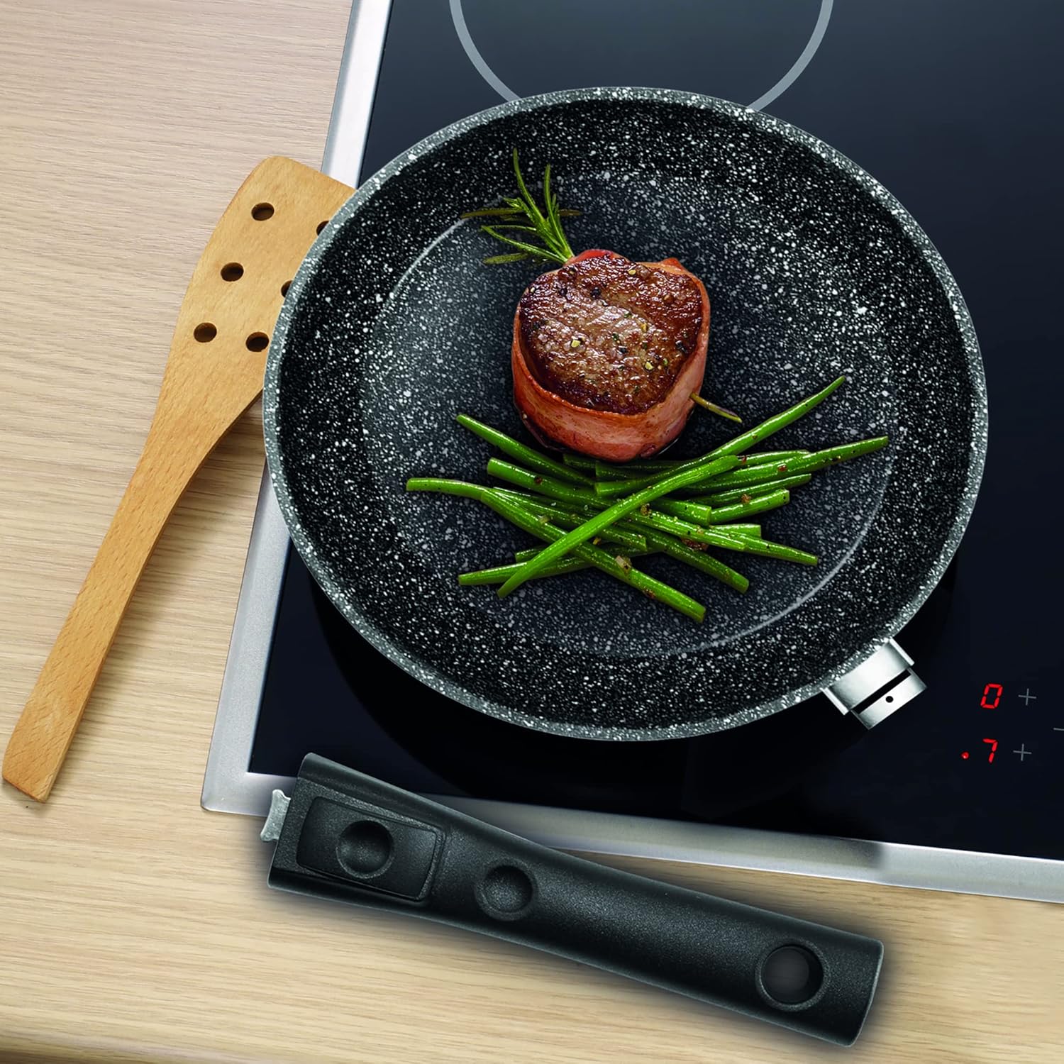 STONELINE Flex Frying Pan 24 cm with Removable Handle, Non-Stick Coated Pan with Real Stone Particles, All Cookers Including Induction