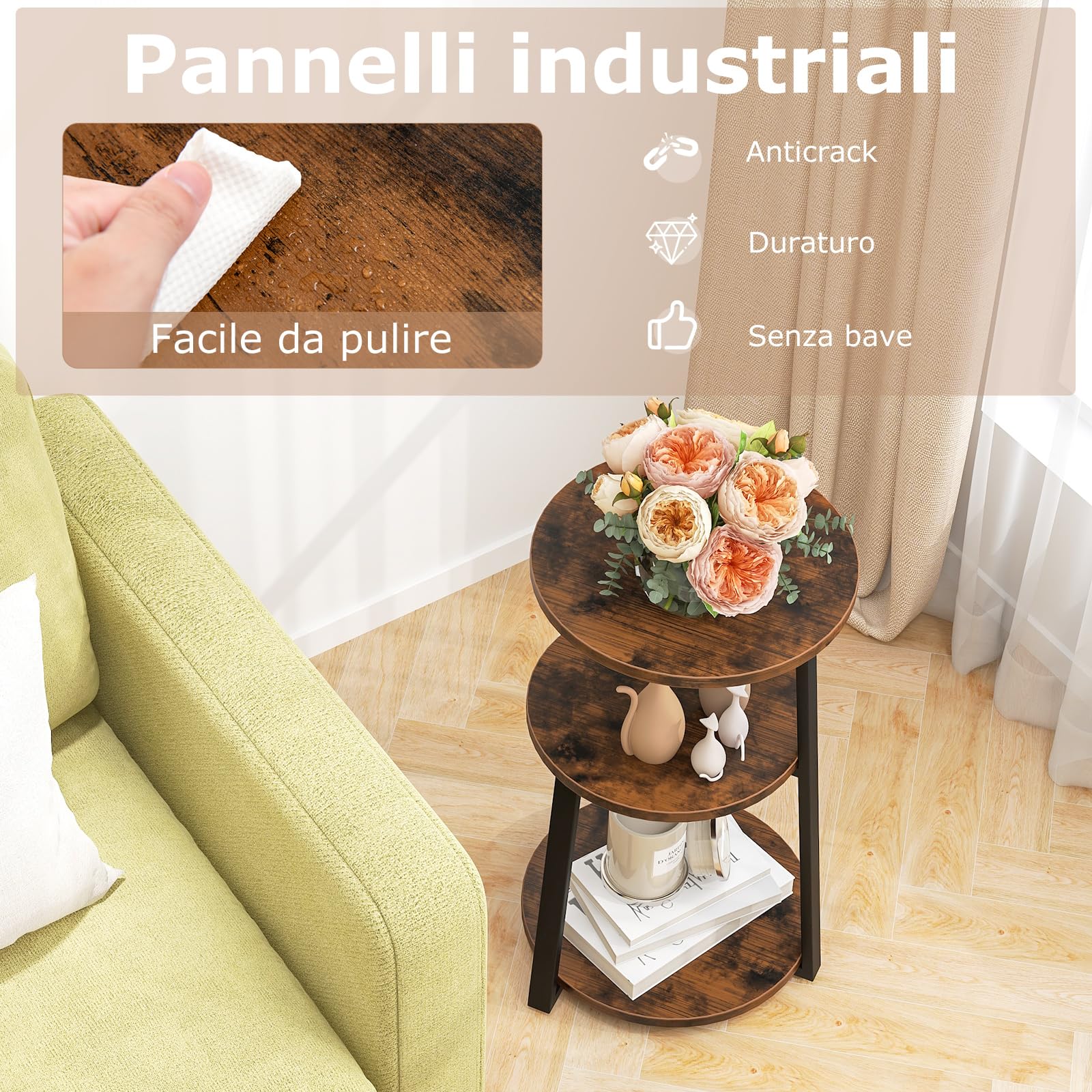 COSTWAY Tavolino Rotondo Industriale a 3 Livelli, Struttura Metallica e Piedini Regolabili, per Piccoli Spazi, Soggiorno e Camera da Letto (2)