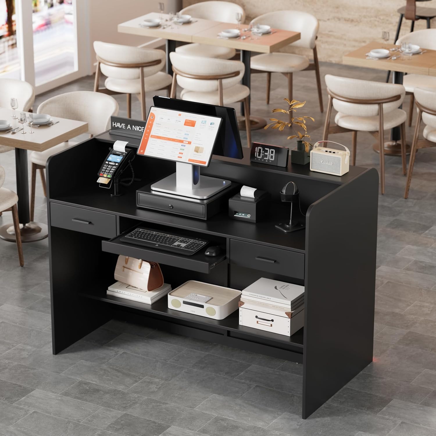 Reception Desk with Counter for Retail & Checkout,Modern Front Desk Reception Room Table with Outer Display Rack, 47.7 inch Retail Counter with Lights for Market, Office, Fruit Shop (Black)