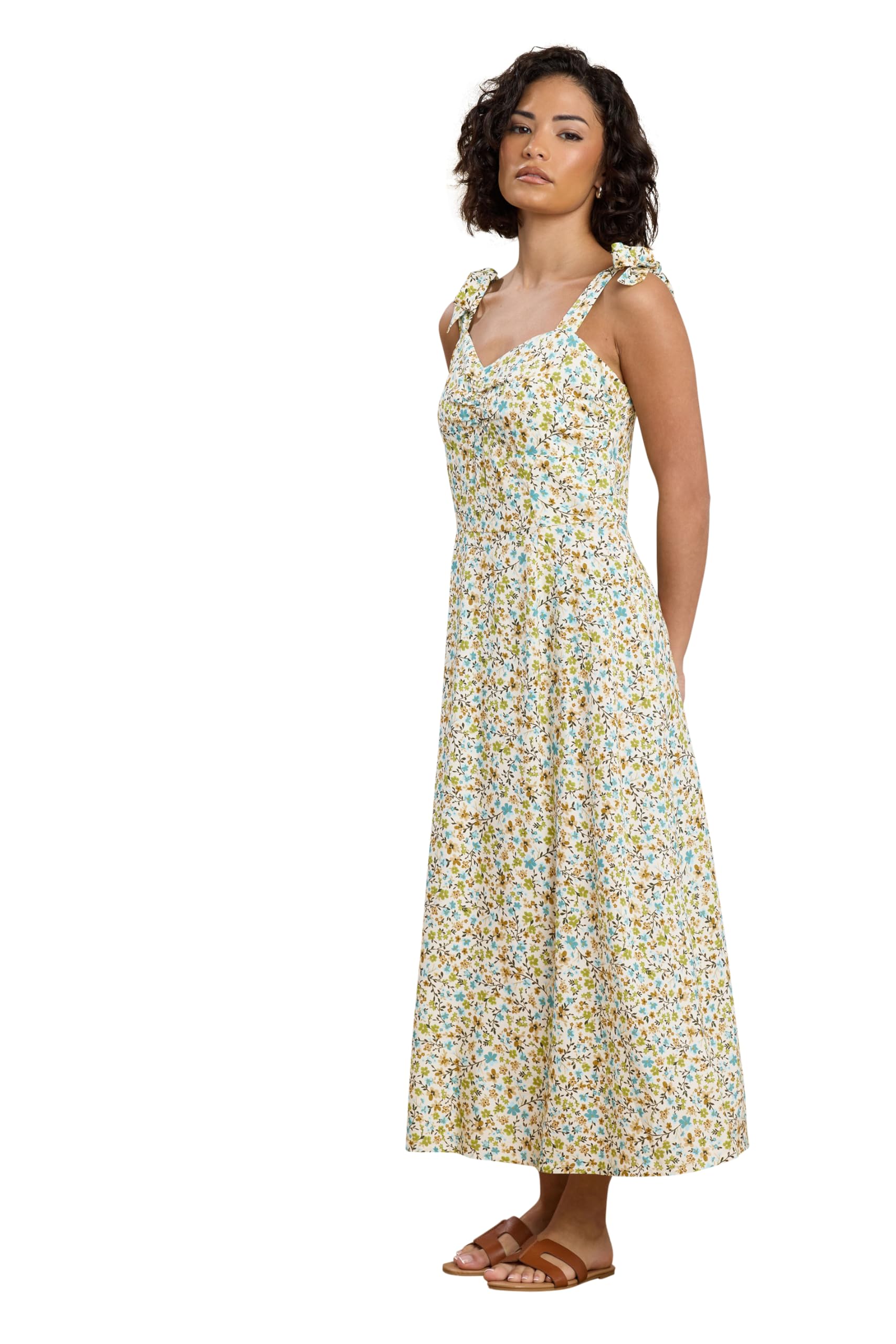 Pixiegirl Women's Green Petite Ditsy Floral Tie Shoulder Midi Dress Petite