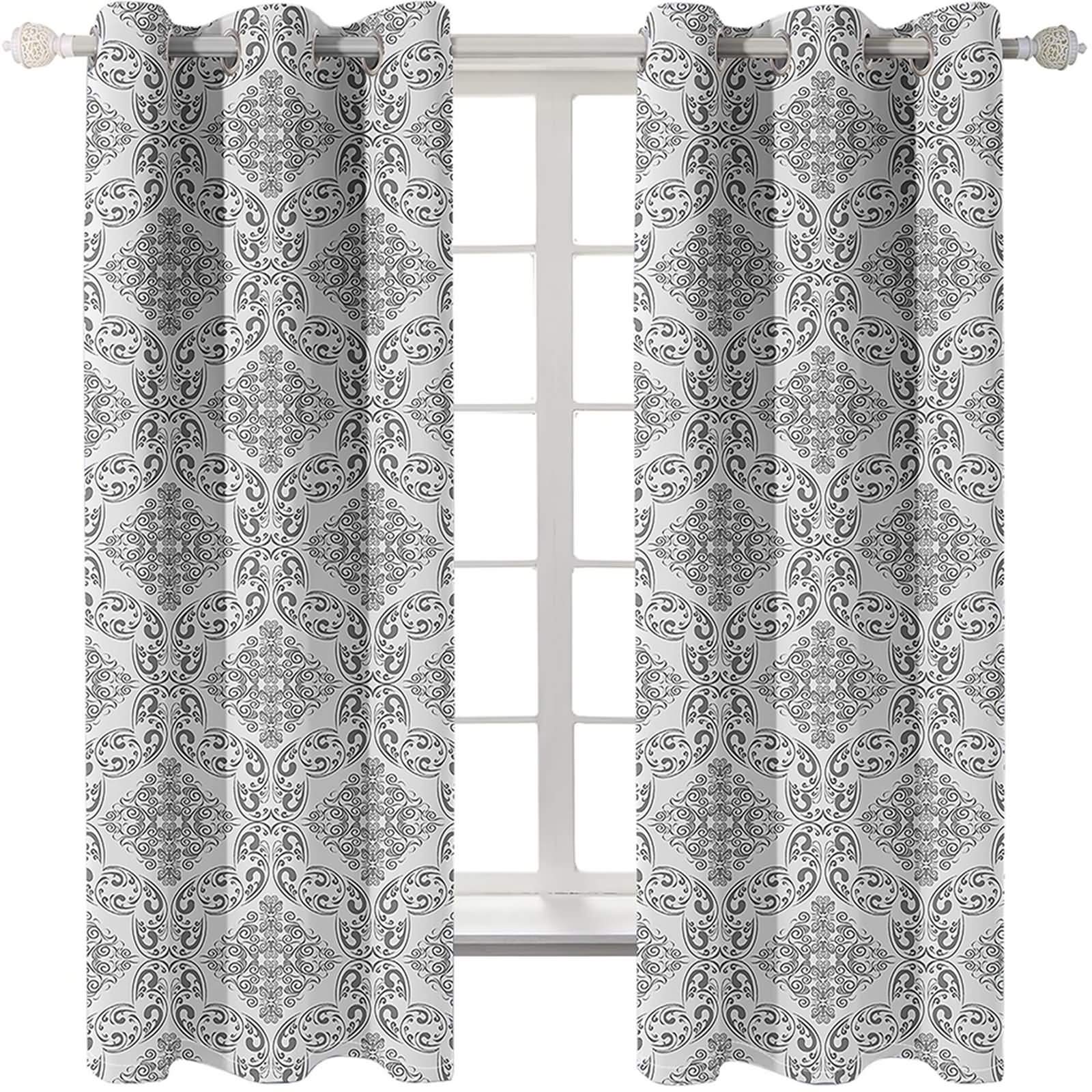Rideau Occultant Imprimé Motif Vintage Blanc Gris, Rideaux Salon Chambre Isolation Thermique - Polyester -L 214 x H 244cm