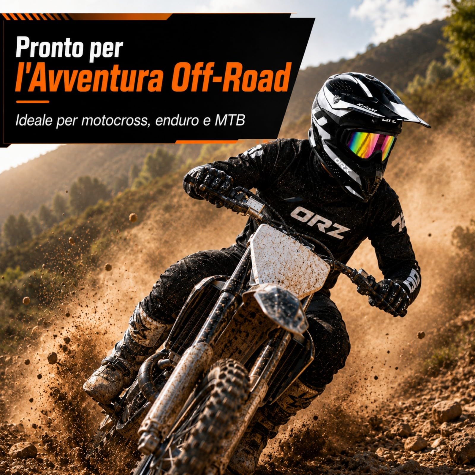 Casco Integrale MTB BMX nero e bianco con Occhiali e Guanti