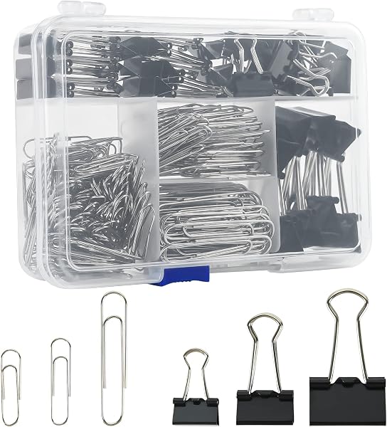 Assorted Size Binder Clips & Jumbo Paper Clips Set - 340pcs Black, Large for Office & School Supplies, in Container with