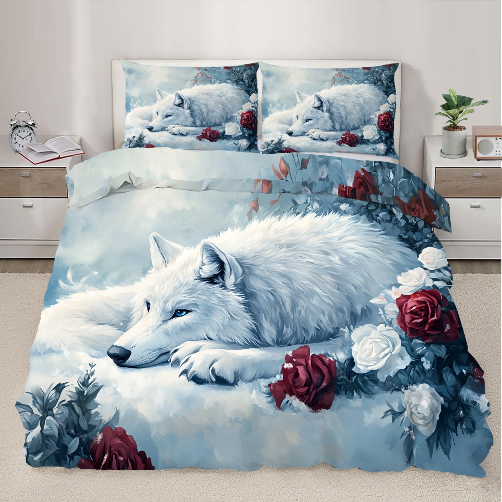 QDJKBL Floral Wolf Duvet Cover White Wolf Comforter Cover Fantasy Wildlife Comforter Set Super King Duvet Covers Romantic Rose Floral Bedding Set for Bedroom Livingroom