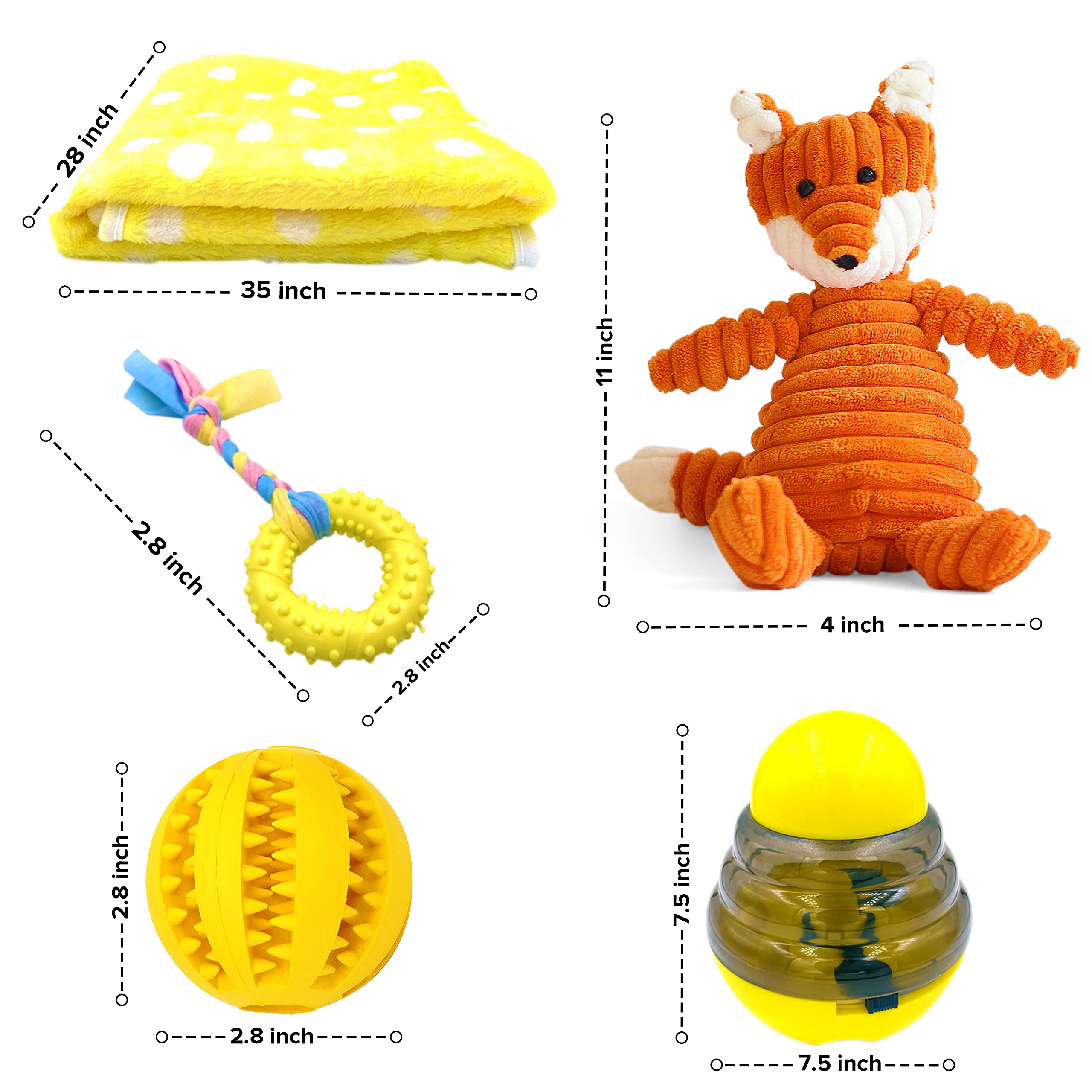 Gelbe Hunde-Geschenkbox – Welpenkauspielzeug Set von 5 Stück – Welpenpflegeset mit Hundedecke, Gummi-Beißring, Zahnball und Leckerli-Ball für kleine und mittelgroße Hunde