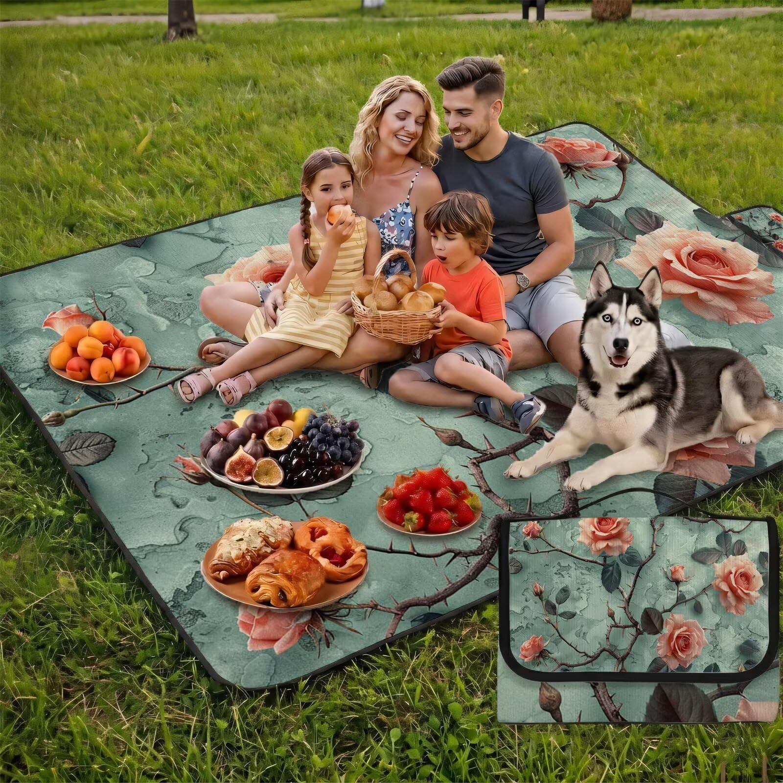 Couverture Pique Nique Grande 200x300cm,Outdoor Couverture Imperméable,Pliable Tapis de Plage Dos en PVC Anti-Sable,Picnic Blanket pour Camping Accessoires,Jardin,Parc - Turquoise,Rose (6) UZ-36