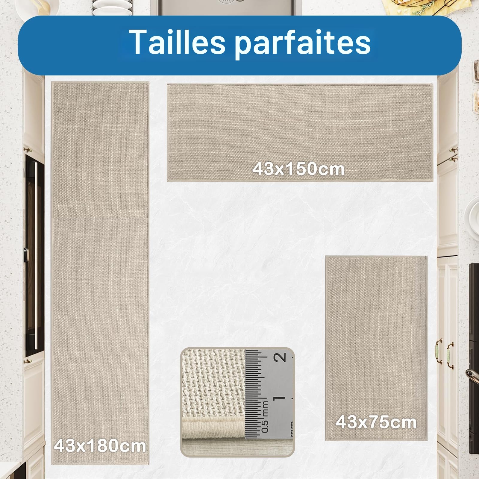 Tapis Cuisine Devant Evier, 43x75cm Tapis Couloir Tissé, Antidérapant et Lavable, Facile à Nettoyer pour Passage, Manger, Buanderie, Salle de Bains, Buanderie, Beige