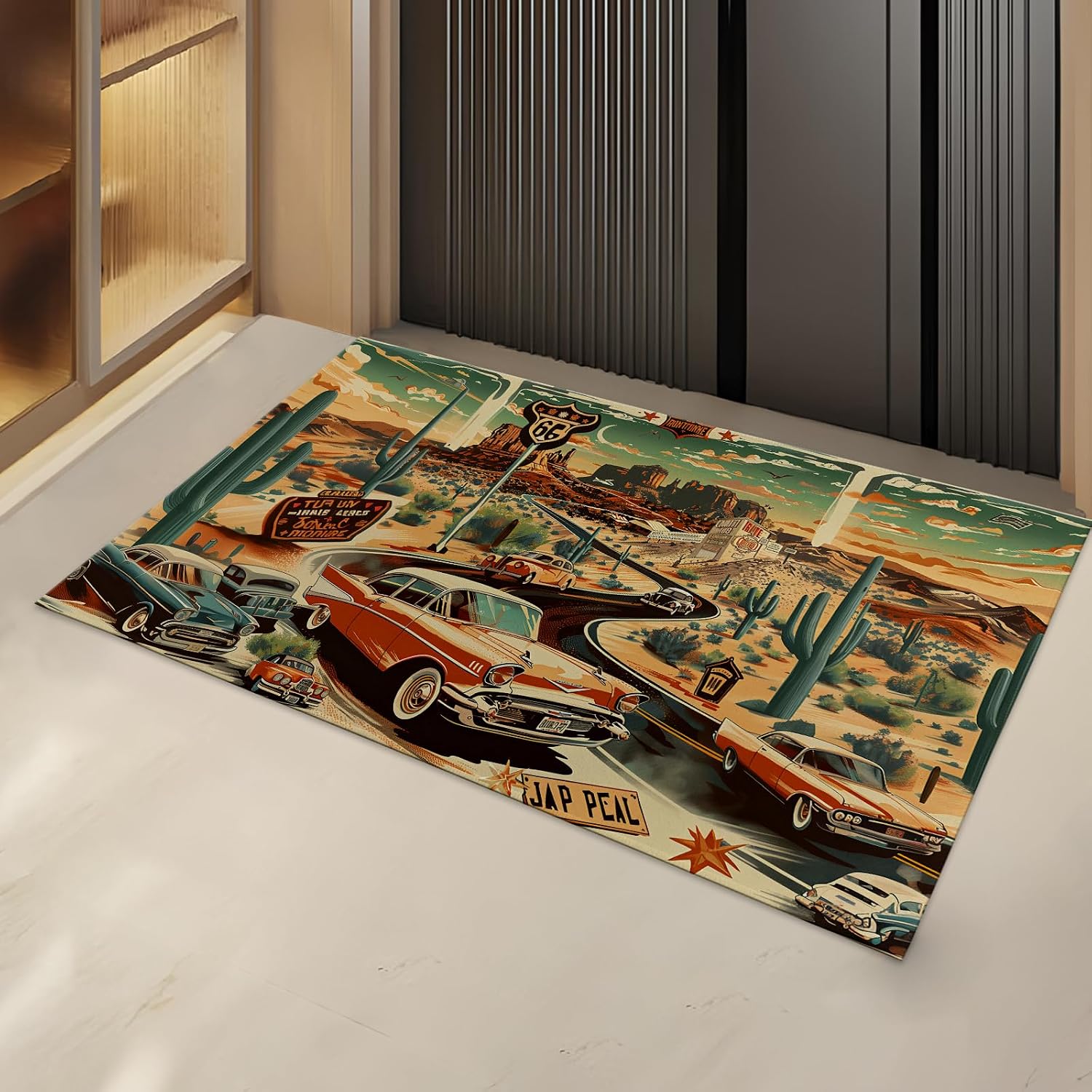 Route 66 Retro Car Indoor Door Mat Gifts, Floor Area Rug for Entryway, Living Room or Bathroom, Non-Slip Vintage Classic Car Road Doormat Home Decor Rug 17x29.5 Inch