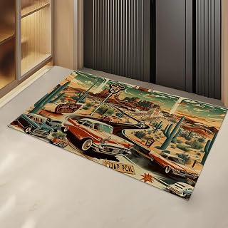 Route 66 Retro Car Indoor Door Mat Gifts, Floor Area Rug for Entryway, Living Room or Bathroom, Non-Slip Vintage Classic Car Road Doormat Home Decor Rug 17x29.5 Inch