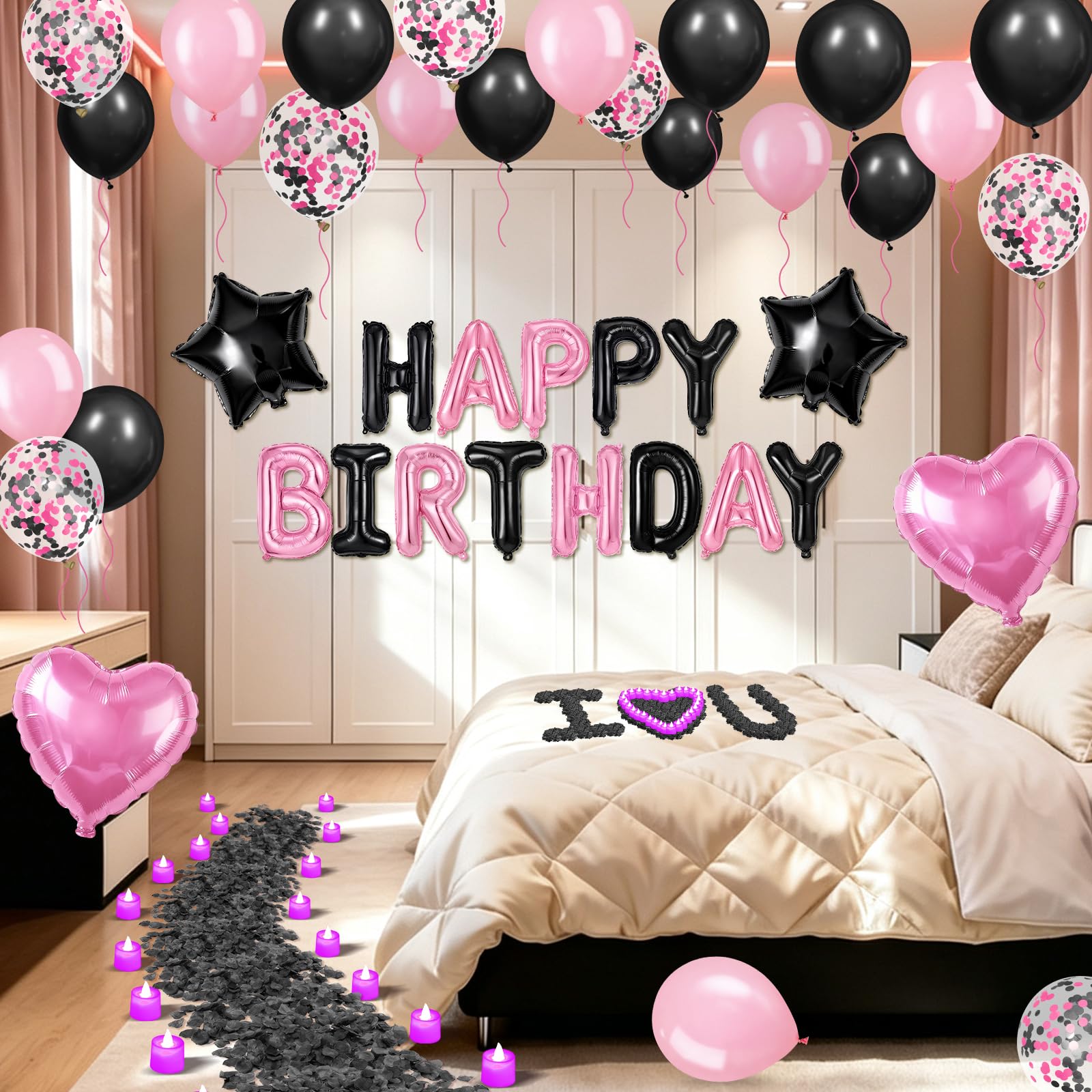 Ballons décoratifs noirs et roses « Happy Birthday » - Bannière avec lettres et étoiles et cœurs - 1 000 pétales de rose artificiels - 24 bougies LED sans flamme pour fête d'anniversaire