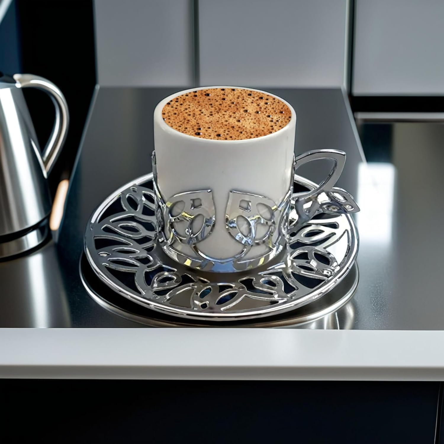 LaModaHome Gilded Espresso Coffee Cups Set of 6 with Saucer and Holders, Porcelain Turkish Arabic Greek Serving Mugs for Dining Table, Guests, Housewarming Gifts, Wedding, Events - Silver/Gilded