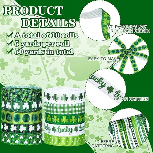 Miniatura 3 de Whaline 10 rollos de cinta de grogrén del día de San Patricio, 50 yardas, estampado de trébol de la suerte verde, cinta de tela a cuadros para