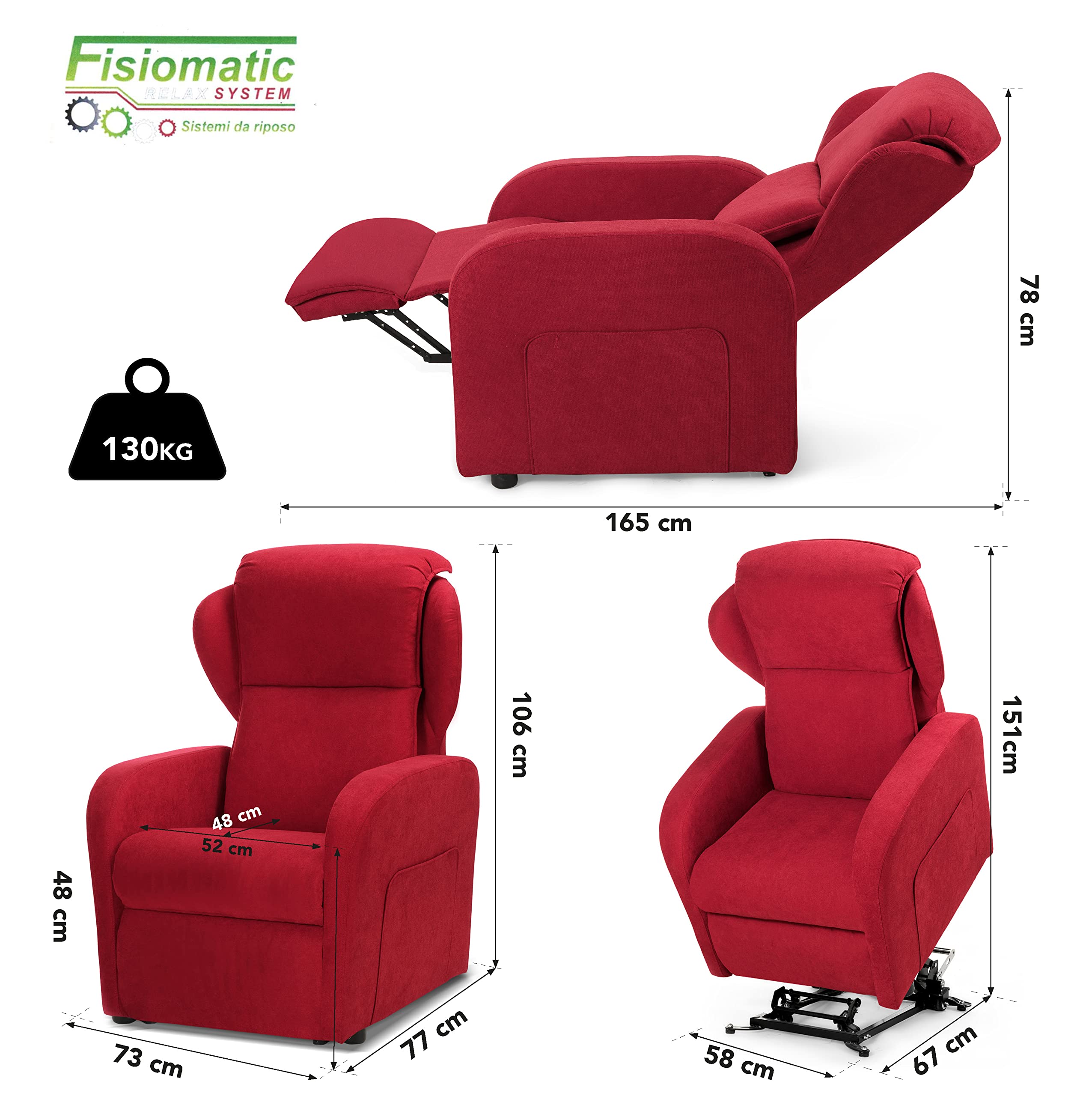 Fisiomatic® - Poltrona elettrica reclinabile - 2 motori indipendenti – Poltrona Anziani Made in Italy – Passaggio porte – Poltrona relax alzapersona – Mod.Chloe (Red)