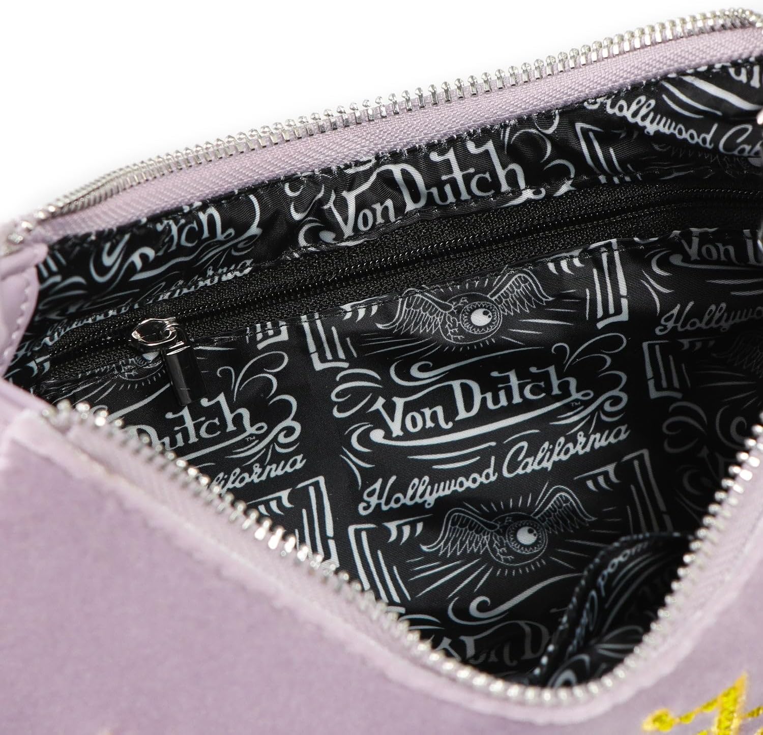 Von Dutch Purse Shoulder Bag, Velvet Handbag Rhinestone Logo and Silver Chain with Wrench