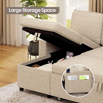 Corner Sofa Bed, L-Shaped Sleeper Sectional Couch Bed, 3-in-1 Linen Convertible Pull Out Sofa Bed with Adjustable Backrest, Storage, USB and Cup Holder for Living Room, Beige