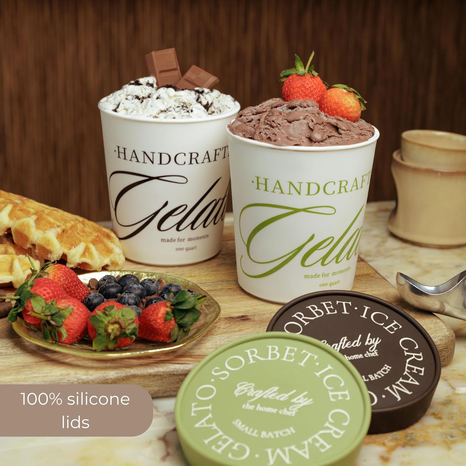 Ice Cream Containers Set of 2 with Wooden Cookbook Stand Freezer Storage for Homemade Ice Cream Gelato Sorbet Frozen Yogurt with Solid Wood Book Holder for Kitchen Counter