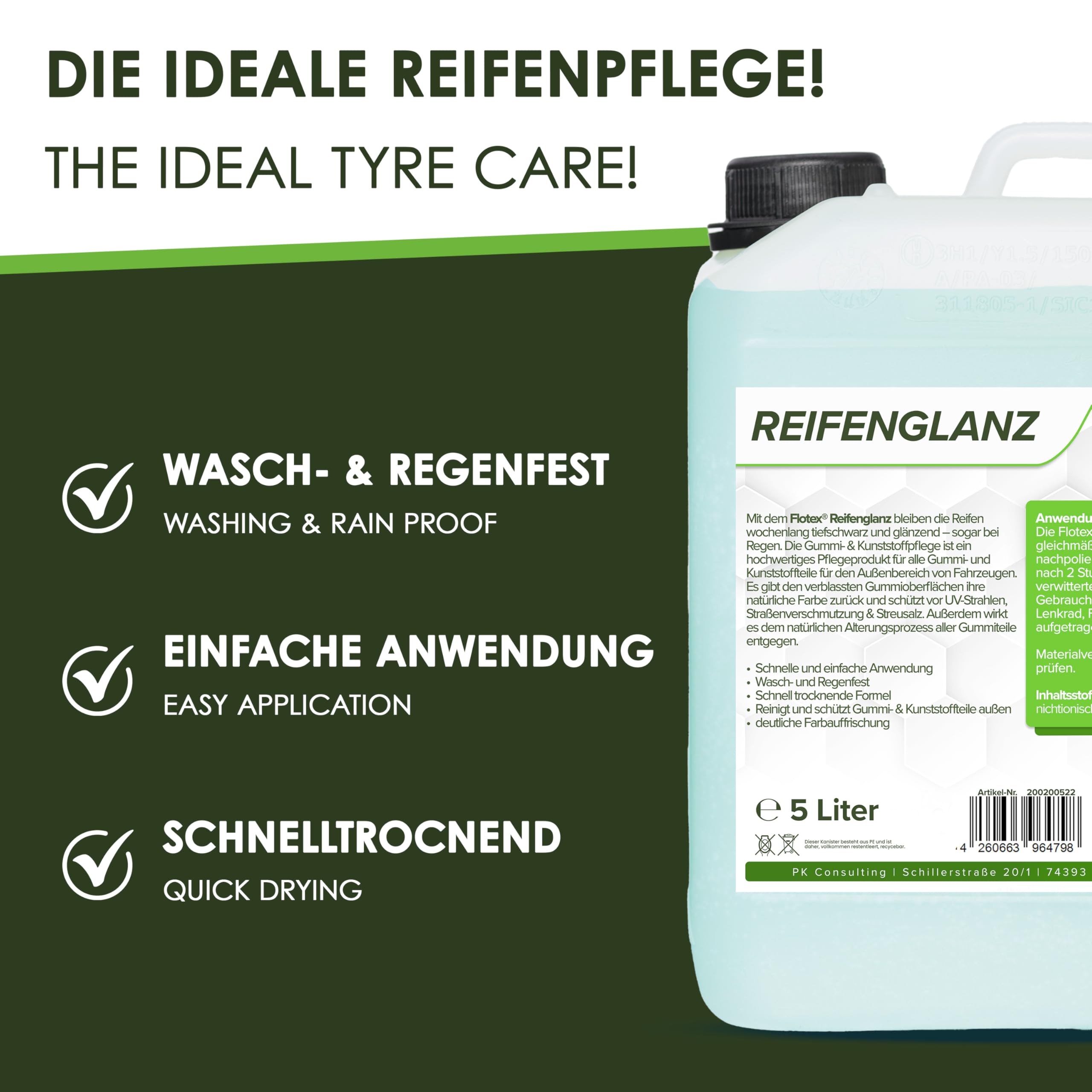 4 x 5L Reifenglanz - Auto Kunststoffpflege & Gummipflege für Außen - Schwarz - Reifenpflege für Reifenglanz - Autoreifen Pflege und Reifen Reiniger - Reifenschwarz Auto